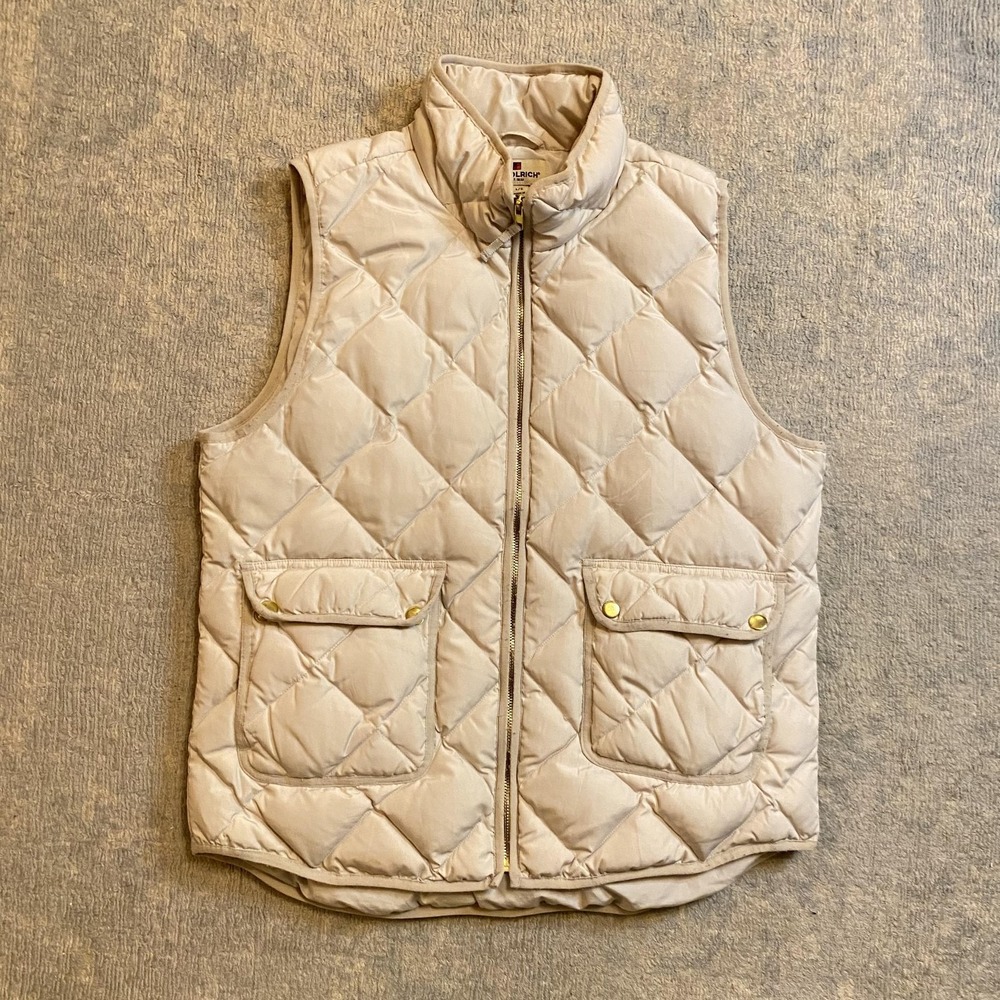 Woolrich Vest Womens Large Beige Quilted Down Puffer Full Zip Pockets Outdoor